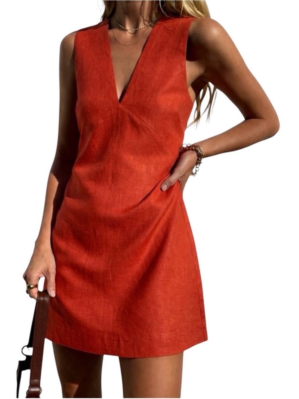 Commense Coral Red Sleeveless V-Neck Dress